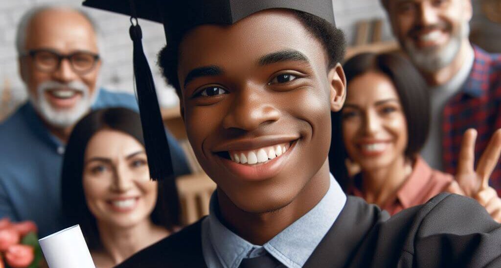 A young Black male in a cap and gown holds a diploma. His family is standing behind him.