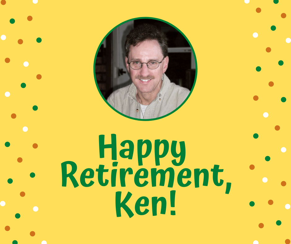 profile photo of Ken Deutsch with text on bright yellow background: "Happy Retirement, Ken!"