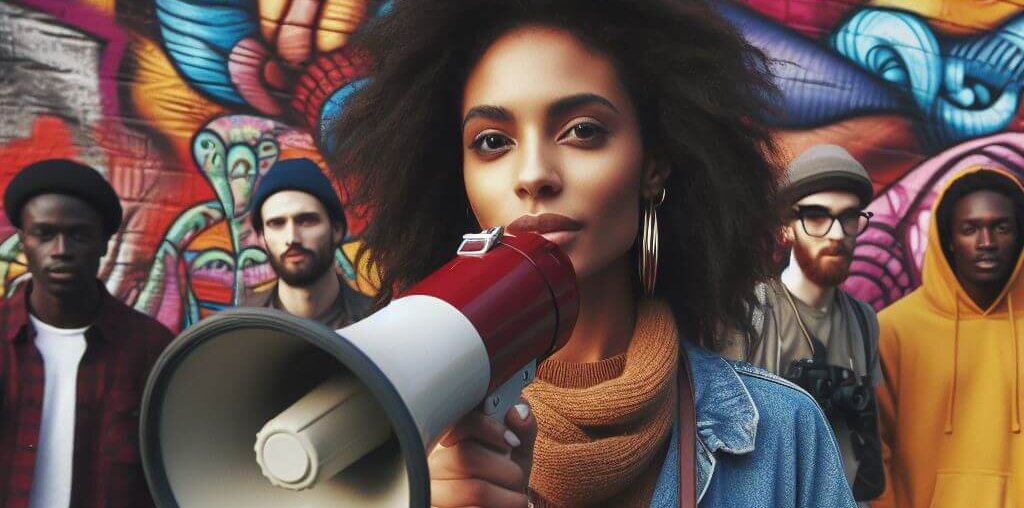A young Black woman holding a megaphone and camera. There is a group of people and a colorful mural behind her.